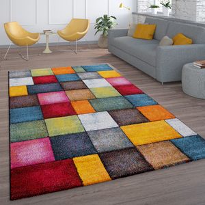 Kurzflor Wohnzimmer Teppich Bunt Karo Design Vierecke Mehrfarbig Farbenfroh, Grösse:160x230 cm