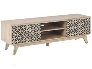 BELIANI TV Möbel Braun / Heller Holzfarbton MDF Platte 45 x 140 x 40 cm Regal Schrank Retro Elegant Schwarzes Geometrisches Muster Multifunktional