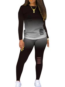 Ladies Long Sleeve Jogger Set Sports Gradient Tracksuit Soft Top+Pant Two Piece Outfit,Farbe:Schwarz,Größe:Xl