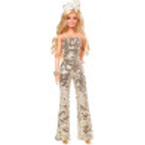 Barbie-Puppe zum Spielfilm, Margot Robbie als Barbie, Sammelpuppe mit goldenem Disco-Jumpsuit mit glänzenden Locken und goldenen High Heels
