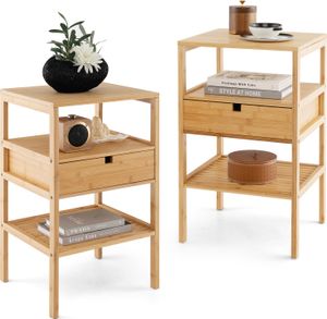 COSTWAY 2er Set Nachttische Bambus, 3-stufiger Beistelltisch Nachtkonsole mit Schublade & Lattenregal, Nachtschrank Sofatisch 40x40x68cm