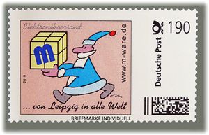 190ct. 'Weihnachtsmann blau', Cartoon-Briefmarke aus der Serie '... von Leipzig in alle Welt'. ID20331