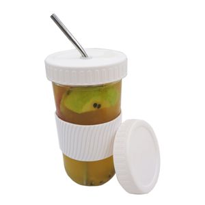 1 Set Water Cup umweltfreundlich mit Deckelglas-Smoothie-Tee-Trinken-Strohflasche für Büro-Weiss
