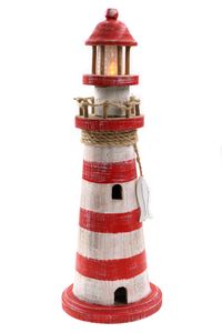 Leuchtturm aus Holz in rot-weiß mit flackernden LED-Lichtern und maritimen Details zum Stellen, H.: 35cm, Stehdekoration, Dekor, leuchtend, Dekoartikel