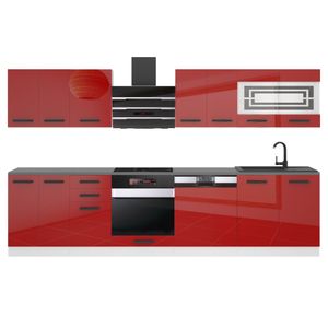 Belini Küchenzeile Küchenblock Lucy - Küchenmöbel 300 cm Einbauküche Vollausstattung ohne Elektrogeräten mit Hängeschränke und Unterschränke, mit Arbeitsplatten, Rot Hochglanz