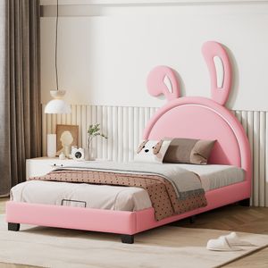 Merax Polsterbett 90x200cm mit Hasenohr-Kopfteil und Lattenrosten, Jugendbett Kinderbett Einzelbett aus Kunstleder, für Kinder und Erwachsene, Rosa