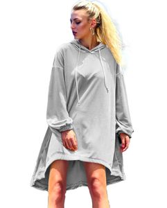 Damen Oversized Long Shirt Freizeit Langarm Tunika Loose Fit Pullover Oberteil mit Kapuze Leichter Longsleeve, Farben:Grau, Größe:L