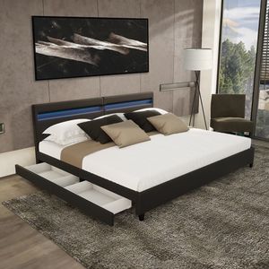 HOME DELUXE - LED Bett NUBE - Schwarz, 200 x 200 cm - inkl. Matratze, Lattenrost und Schubladen I Polsterbett Design Bett inkl. Beleuchtung