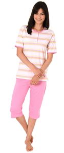 Damen Capri Pyjama Schlafanzug kurzarm in zarter pastellfarbenen Streifenoptik 204 90 863, Farbe:rosa, Größe:44/46