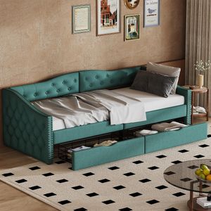 Flieks Polsterbett 90x200cm mit 2 Schubladen, Schlafsofa Sofabett mit Lattenrost, Tagesbett Daybed mit Arm- und Rückenlehen, Gästebett Leinen, Grün