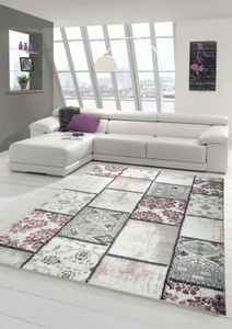 Edler Designer Teppich Moderner Teppich Wohnzimmer Teppich Patchwork Vintage Meliert Karo Muster in Lila Creme Grau Rosa Schwarz Größe - 160x230 cm
