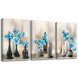 120 x 80 cm Bild auf Leinwand Vase Blumen blau 4410-SCT deutsche Marke und Lager  -  Die Bilder / das Wandbild / der Kunstdruck ist fertig gerahmt