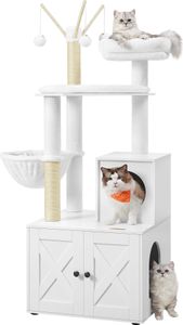 FEANDREA Kratzbaum, mit Katzenklo-Schrank abnehmbaren Plüschbällen 140cm weiß