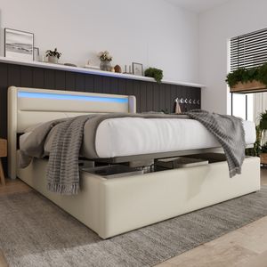 Merax Hydraulická boxspringová posteľ 140x200 cm Čalúnená posteľ s LED osvetlením a zásuvkou, lamelový rám a úložný priestor, hydraulická funkčná posteľPolyuretánManželská posteľ, biela