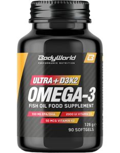 BodyWorld Ultra+D3K2 Omega-3 90 kapsúl / Omega 3 mastné kyseliny / Silné omega 3 mastné kyseliny obohatené o vitamíny E, D a K