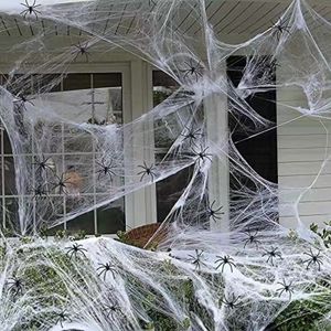 PRECORN leuchtendes realistisches Spinnennetz-Set mit 20 Spinnen - Deko für gruselige Atmosphäre innen & außen für Halloween, Fasching Mottopartys