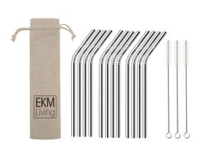 Slamky z nehrdzavejúcej ocele EKM Living, sada 12 strieborných ohýbaných slamiek GmbH, odolné proti zlomeniu, opakovane použiteľné, vhodné do umývačky riadu, neobsahujú plasty (strieborné ohýbané, 12)