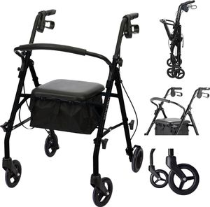 Medmotion® Rollator, Rollatory, komfortowe tapicerowane siedzisko z oparciem, składany, torba transportowa – do 136 kg - Czarny