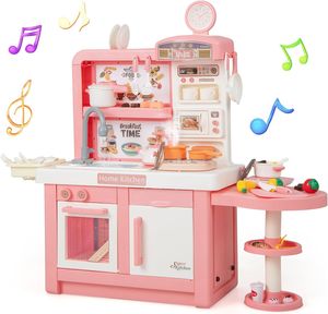 DREAMADE Kinderküche mit 49 TLG. Zubehör, Spielküche mit Licht & Sound & Dampf-Effekt Kinderspielküche für Kinder ab 3 Jahren (Rosa)