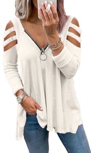 ASKSA Damen Schulterfrei V-Ausschnitt Blusen T-Shirt Reißverschluss Langarm Elegant Basic Tuniken, Weiß, M