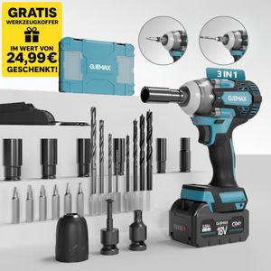 GJEMAX Schlagschrauber 18V, 520 Nm – inkl. 6,0 Ah Akku, Schnellladegerät, Bohrfutter, Bitset, 6x Steckschlüssel, 6x Bohrer & GRATIS Werkzeugkoffer