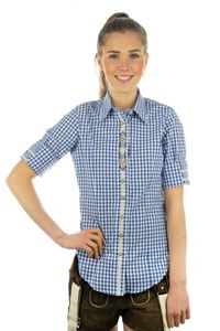 OS Trachten Damen Bluse Langarm Trachtenbluse mit Liegekragen Flosa, Größe:44, Farbe:mittelblau