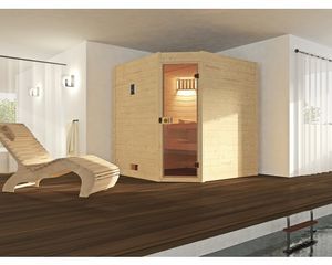 Massivholzsauna Weka Valida Eck GT inkl. 7,5 kW Ofen u.digitaler Steuerung ohne Fenster mit Ganzglastüre aus Klarglas Massivholzsauna Weka Valida Eck GT inkl. 7,5 kW Ofen u.digitaler Steuerung ohne Fenster mit Ganzglastüre aus Klarglas