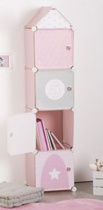 Schrank mit Schubladen für Kleinteile für Kinderzimmer, 4 Fächer, 34 x140 x32 cm, Farbe:Rosa