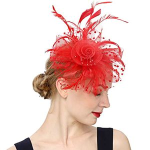 Perlen Dekor Dot Print Metall Clip Fascinator Hut Mesh Blume Feder Dekor Party Kopfbedeckung Haarschmuck-Rot