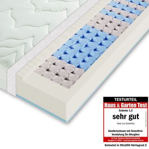 Taschenfederkernmatratze H2 H3 140x200 cm, VARIO LUX Greenfirst – Höhe ca. 22cm, Hochwertige 7 Zonen Matratze in 140x200, Bezug mit Greenfirst® Veredelung – antibakteriell und Allergiker geeignet