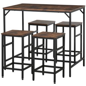 HOMCOM Barový set vysoký stôl so 4 barovými stoličkami 5-dielny stolový set kuchynská linka drevotriesková oceľ rustikálna hnedá+čierna 100 x 60 x 88 cm