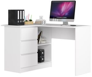 Eck-Schreibtisch B-16 mit 3 Schubladen und 2 Ablagen links- oder rechtsseitig, B124 x H77 x T85, 48 kg Farbe: Weiß