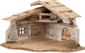 Große Weihnachtskrippe | aus Holz und Gips gefertigt | mit Moos, Steinen und Stroh geschmückt | sehr detailreiche Krippe (ca. 38,5 x 38,5 x 29 cm (BxTxH))