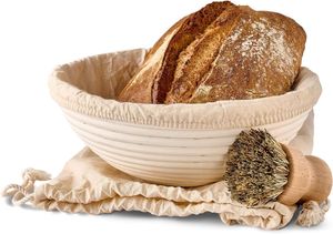 Gärkorb zum Brotbacken - Aus nachhaltigem Rattan - Rund - 25cm - Set inkl. Bürste, Leineneinlage & Brotbeutel - Geruchsneutral