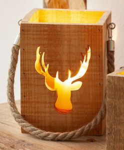 Kerzenhalter "Hirsch" aus recyceltem Holz im Shabby Look mit Windlichtglas, Holzlaterne, Hängelaterne, Windlicht, Kerzenständer