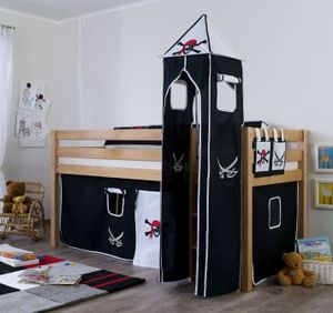 Hochbett ALEX Kinderbett Spielbett Bett Natur Stoffset Pirat, Matratze:ohne