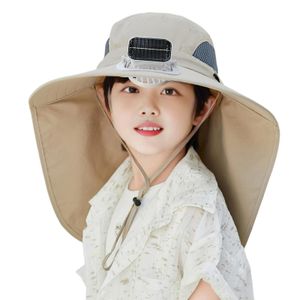 Sonnenhut für Kinder mit Solarventilator, winddichtem Riemen, großer Krempe, Halstuch, USB-Aufladung, UV-Schutz vor Sonnenlicht, hohe Atmungsaktivität, Outdoor-Reisekappe, Khaki