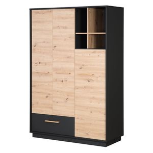 roba Kleiderschrank 'Lenn' 3-türig - in Anthrazit / Holzdekor 'Artisan Eiche' - Inkl. Schublade, offenem Fach & Griffen aus massiver Eiche