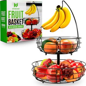 Dayshake Obstschale mit Bananenaufhänger - Runder Obstkorb Schwarz - 2-stöckige Etagere