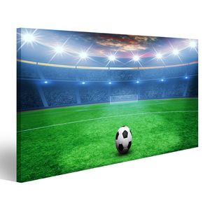 Bild auf Leinwand Fußball Auf Grünem Stadion Arena In Nachtbeleuchteten Hellen Scheinwerfern  Wandbild Leinwandbild Wand Bilder Poster 100x57cm 1-teilig