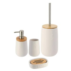 Tendance sada koupelnových doplňků 4dílná dávkovač mýdla miska na mýdlo zubní kartáček bubínek WC štětka bílá dolomit bambus 8,3x8,3x18,7 cm