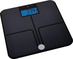 EMOS Digitale Personenwaage mit BMI und Memory Funktion, Waage/Gewichtswaage/Körperfettwaage, Digitalwaage aus Sicherheitsglas, misst Körperfett, Muskelmasse, Wasser/Batterien mitgeliefert