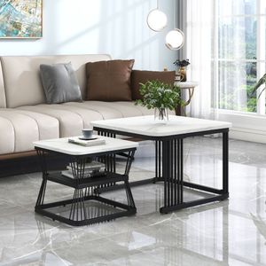 Merax sada 2 konferenčních stolků s mramorovým vzorem a kovovým rámem, konferenční stolek, 65x45cm+45x39,5cm, černá/bílá