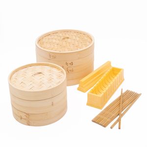 Orientalisches Kochset (4 Teile) mit mittlerem Bambus-Dampfgarer, großem Bambus-Dampfgarer, Sushi-Maker und Bambus-Essstäbchen