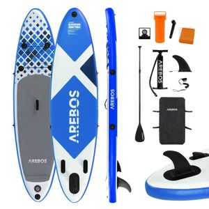 AREBOS SUP Board, Stand up Paddling, Surfboard, 320 cm, aufblasbar, Double-Layer, Alu-Paddel, Hochdruck-Pumpe, Transportrucksack, 135kg Tragkraft, Blau