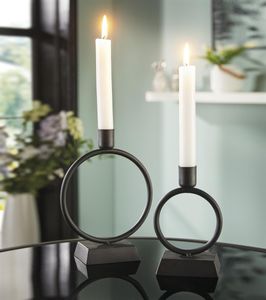 2x Stabkerzenhalter "Ring" aus Metall, matt schwarz, 14 + 19 cm hoch, Kerzenhalter für Tafelkerzen, Kerzenständer
