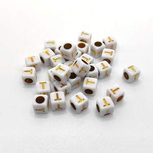 Buchstaben Perlen, 30 Stück, 6x6 mm, weiß mit gold, eckig, Buchstabe T