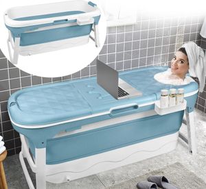 Sessamen-LP Faltbare Badewanne Erwachsene XXL Mobile Tragbare Badewanne Mit Abdeckung Massagerollen und Badewannenablage, Blau (148 x 62x 53 cm)