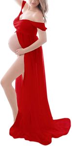 Umstandskleid für Fotografie, schulterfrei, Chiffonkleid, geteilte Vorderseite, Maxi-Schwangerschaftskleider für Fotoshootings