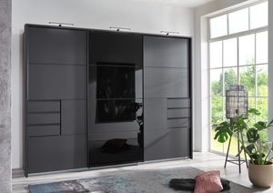 Schwebetürenschrank - 270 x 208 cm - 6 Schubladen - Graphit matt Nachbildung - mit Spiegel
